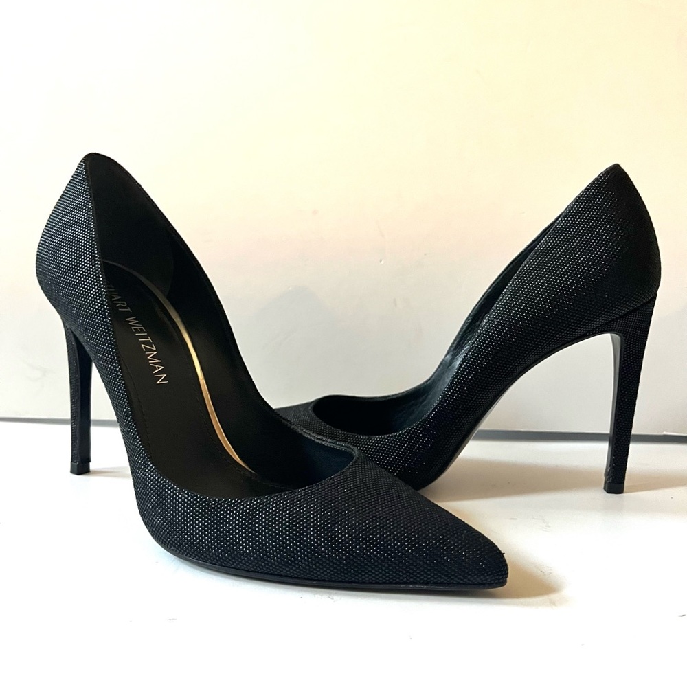 STUART WEITZMAN CURVIA Black Bead Nappa Classic Stiletto Heel Slip on Pumps 8.5M
